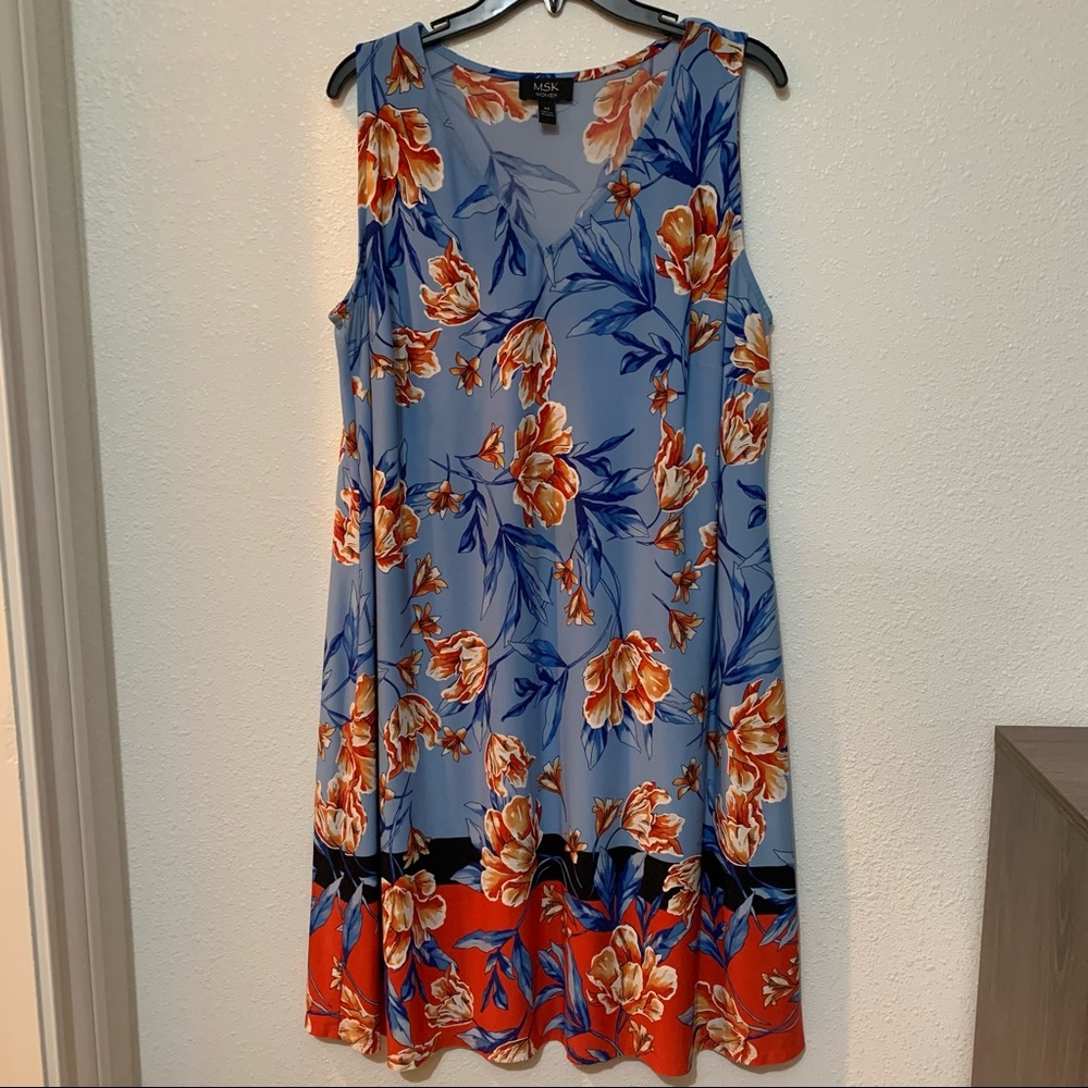 msk women blue sleeveless midi dress with orange florals with v-neck